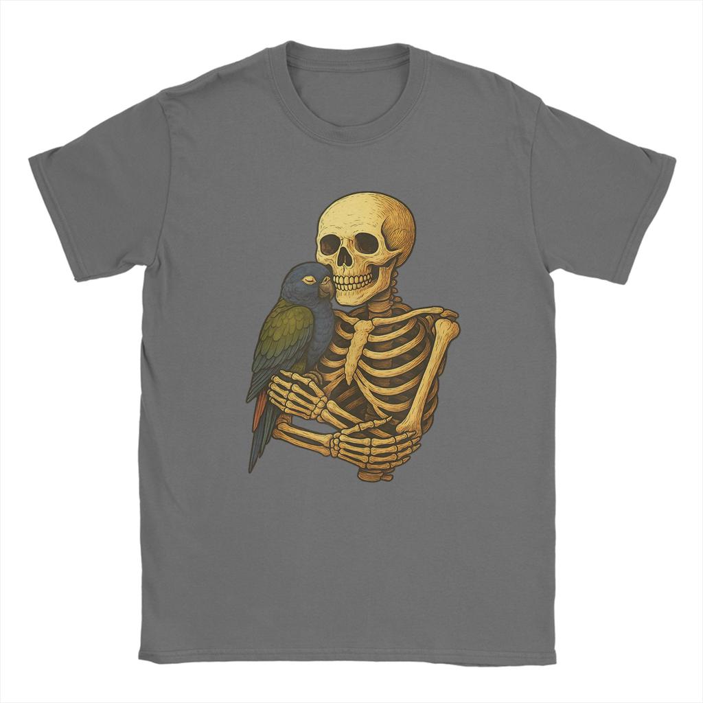 Skeleton Hugging Pionus Parrot Funny Halloween T-Shirt Men Vintage Cotton Tees O Neck Short Sleeve T Shirts Plus Size Clothes