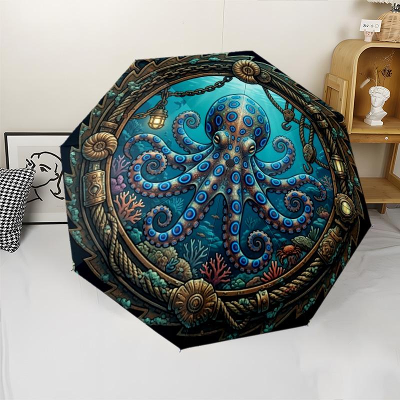 Oceanic Steampunk Octopus pattern umbrella, portable and foldable design, 8 ribs, a casual accessory for Halloween, Christmas, and birthday gifts.