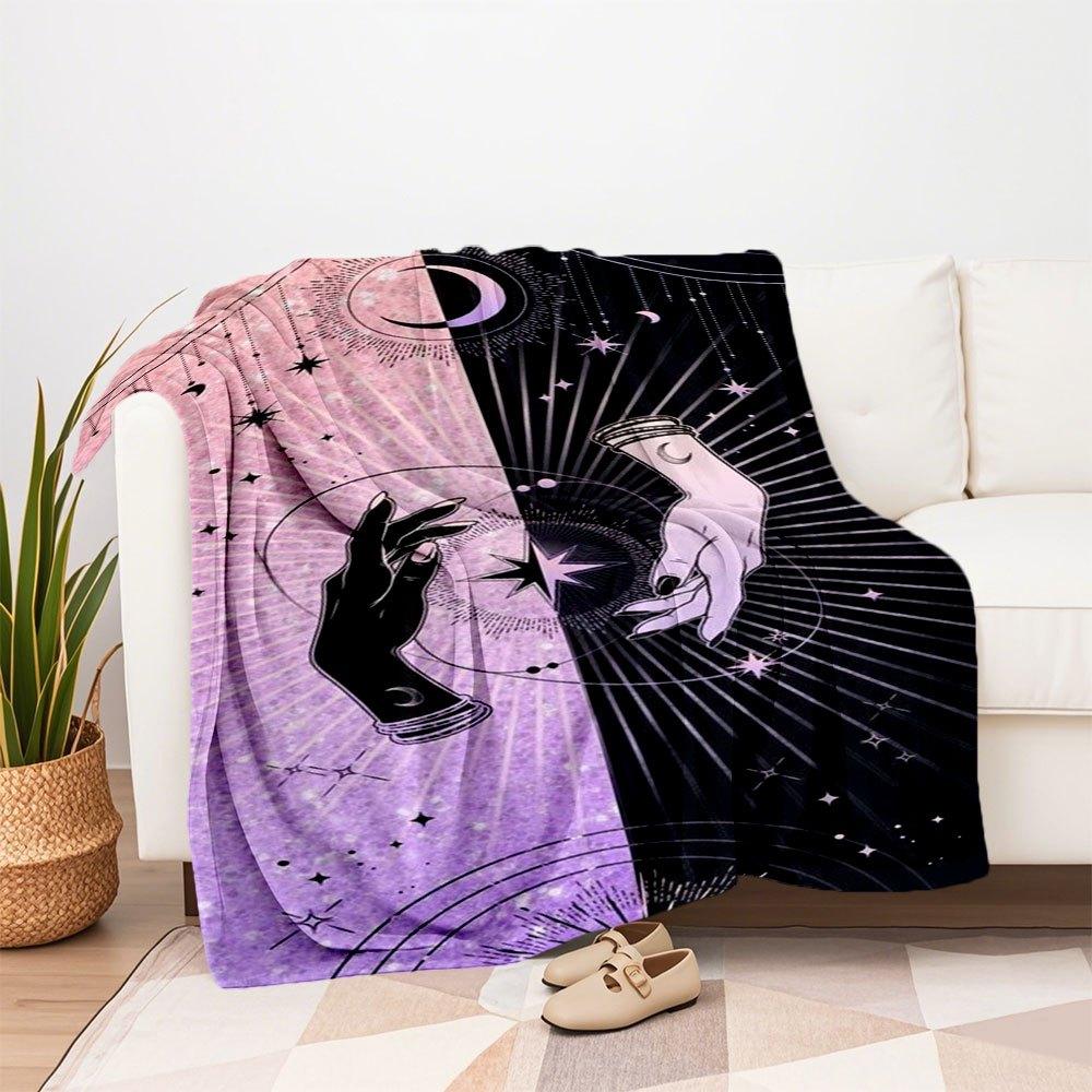 "Magical Hands: Celestial Stars Moon Crescent Illustration Art Print"Blanket Flannel Throw Blanket for Sofa, Bed, Travel, Camping, Office