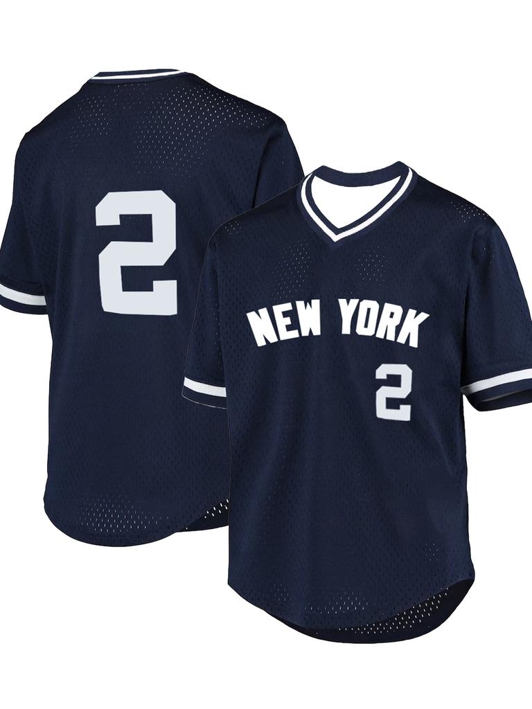 No.2 Baseball Jersey New York Letter Printing Baseball Shirt Loose Fit Breathable V-Neck Short Sleeve Retro Sportswear