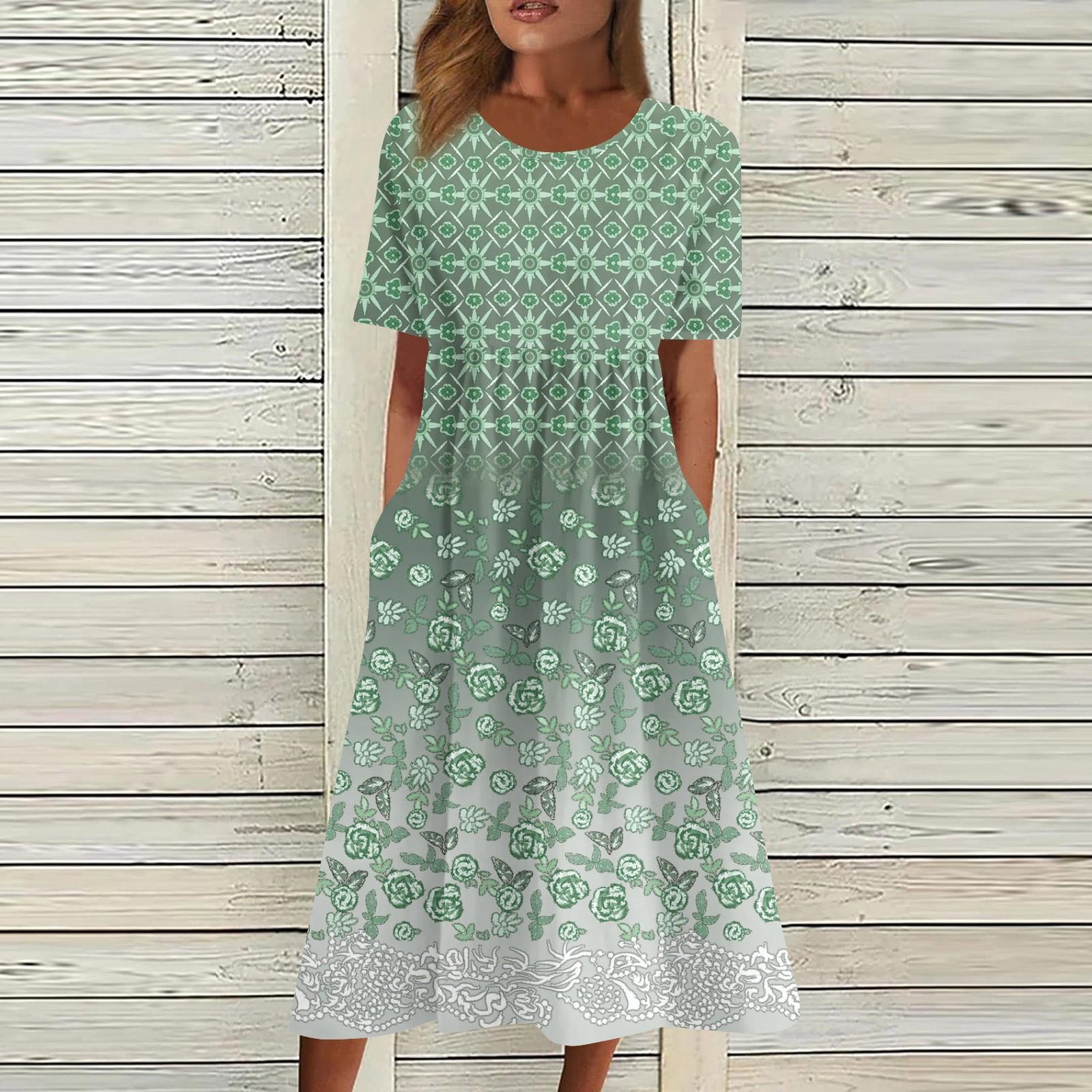 

Женские повседневные платья Платья с принтом Летние платья Плиссированные свободные платья с круглым вырезом и принтом L зелёный