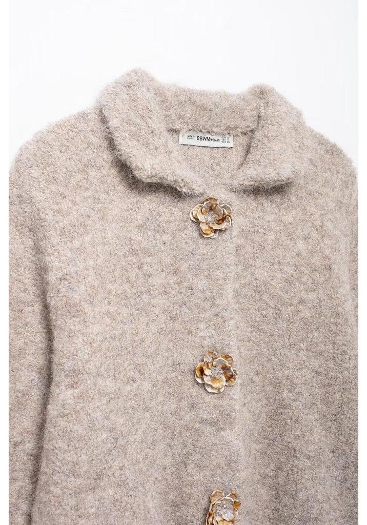 European & American Style Faux Fur Flower Button Knit Cardigan for Women
