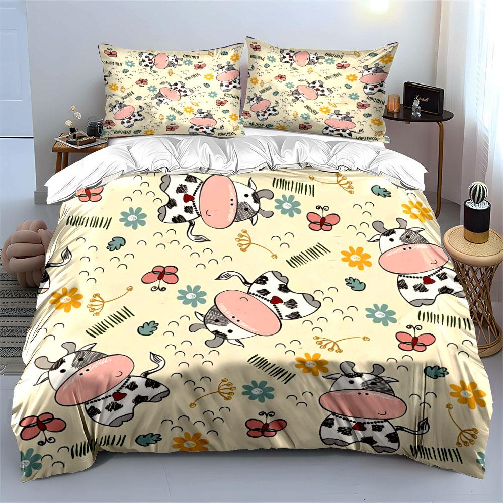 Cartoon Cows and Flowers Pattern Bedding Duvet Cover Set Duvet Cover Pillowcases  (1*Duvet Cover 2*Pillowcases, Without Duvet Insert)