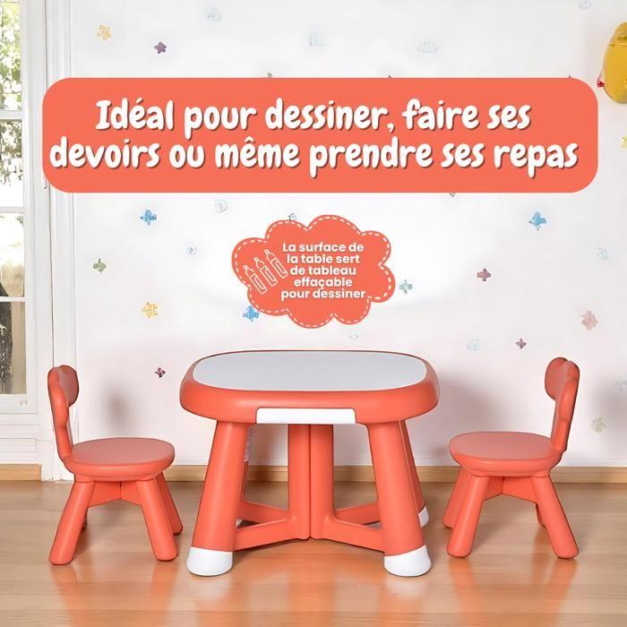 DEVESSPORT Ensemble Bureau Enfant Table &amp; 2 Chaises Rouge Corail, Tableau Blanc Inscriptible, Multifonction, Dès 12 Mois