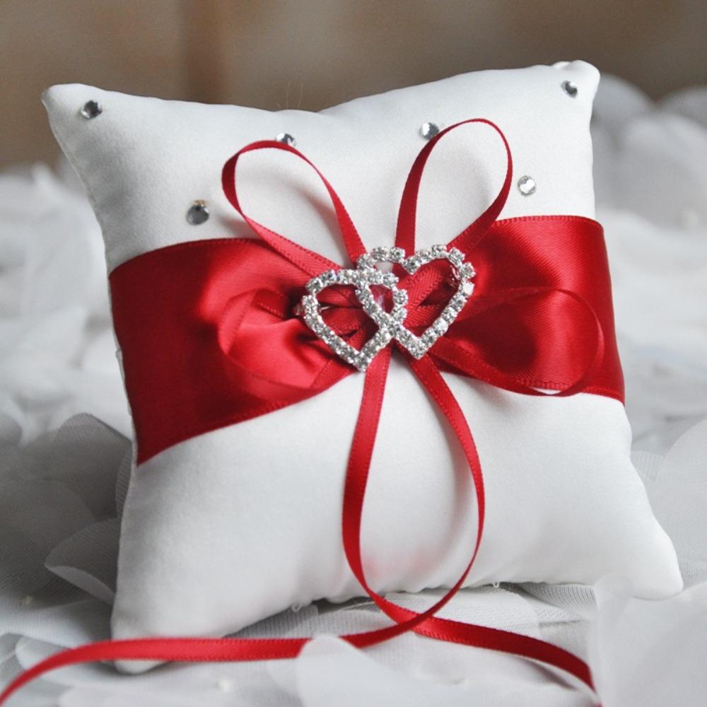 European Double Heart Ring Bearer Pillow Bowknot Ribbon Cushion  Home Wedding Bridal