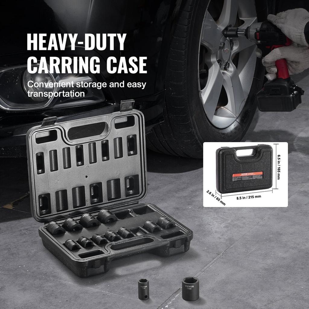 Impact Sockets Set 14pcs 6-Point 3/8in Drive Bit Ratchet Tool Kit Case