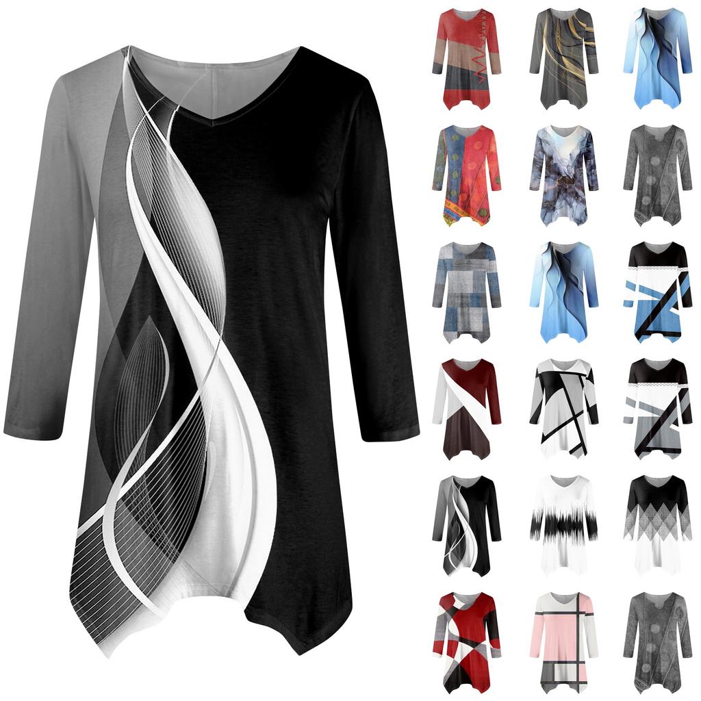 Moda Donna Casual Scollo a V Colore a Contrasto Stampato Manica a Sette Punti Camicia Cinturata Top Ampio Confortevole