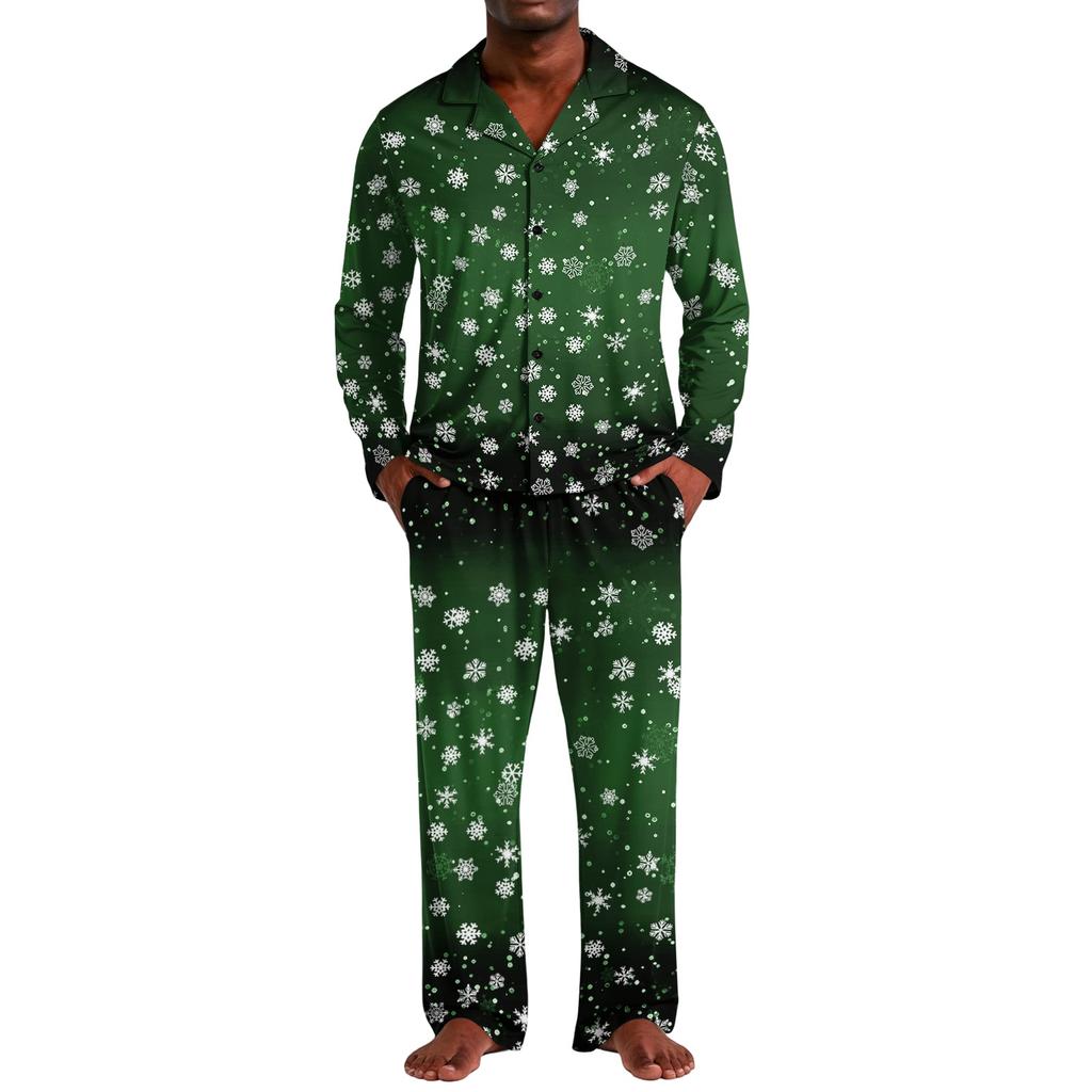 Men's Christmas Pajama Set with Button Down Shirt and Straight Leg Pants, Casual Print Sleepwear Two Piece Outfit, Festive Holiday Loungewear