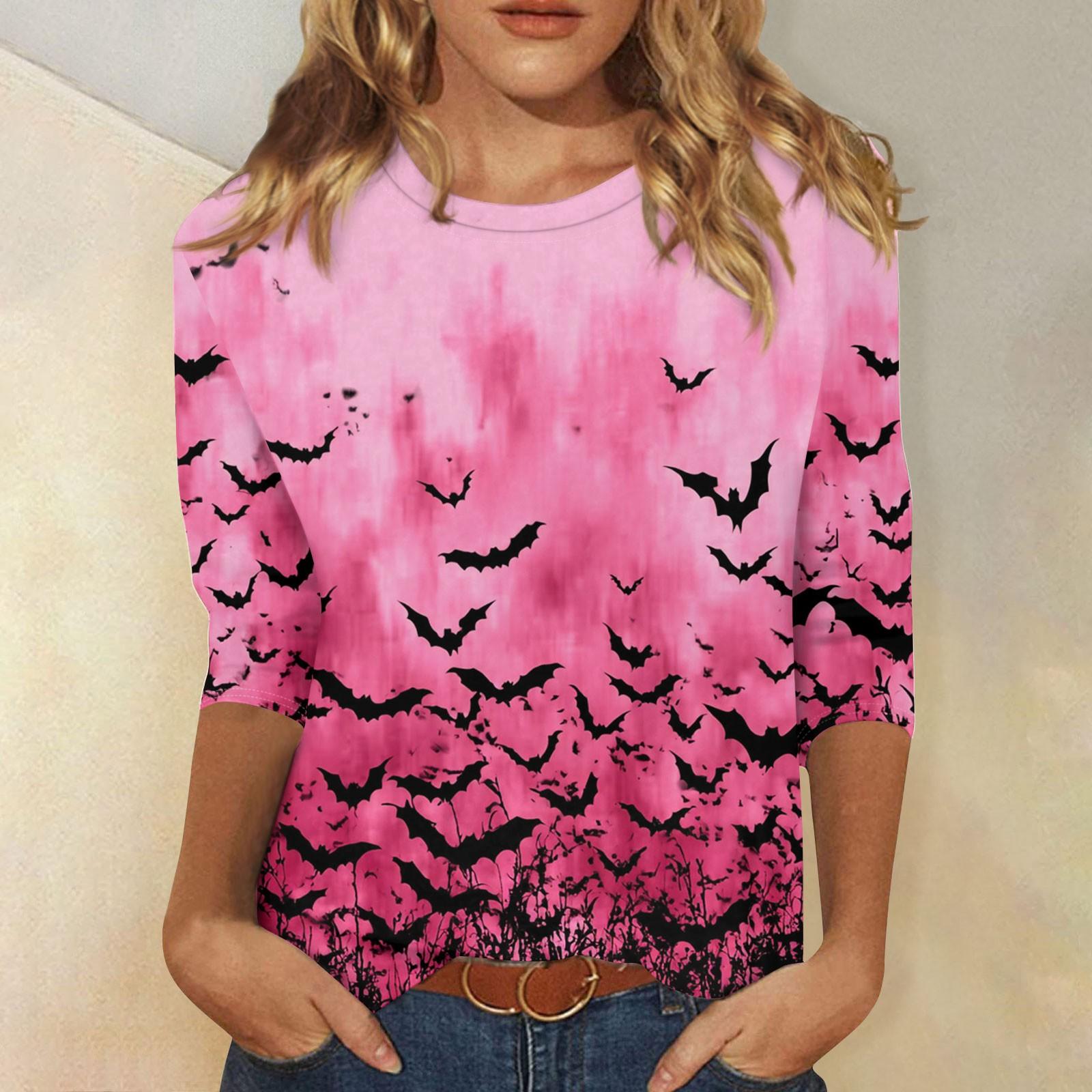 

Женская модная повседневная футболка с рукавом три четверти и принтом на Хэллоуин, с круглым вырезом L розовый