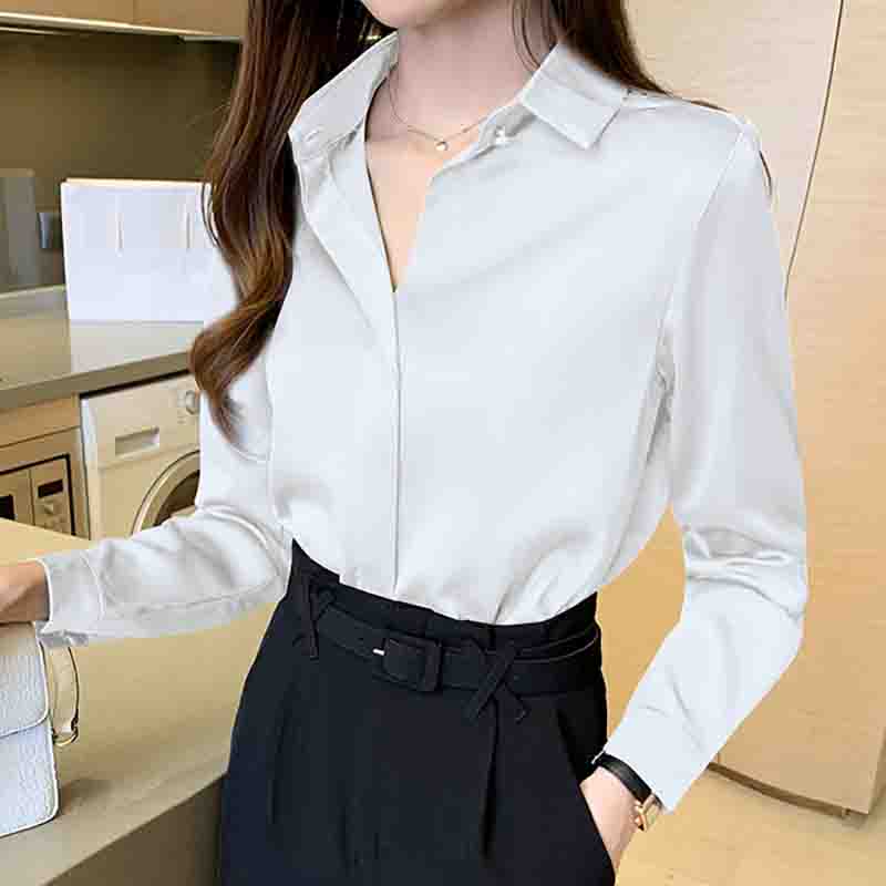 Neue Mode Herbst Langarm Frauen Hemd Drehen Unten Kragen Büro Dame Weiß Satin Bluse Shirt Frauen Tops J738
