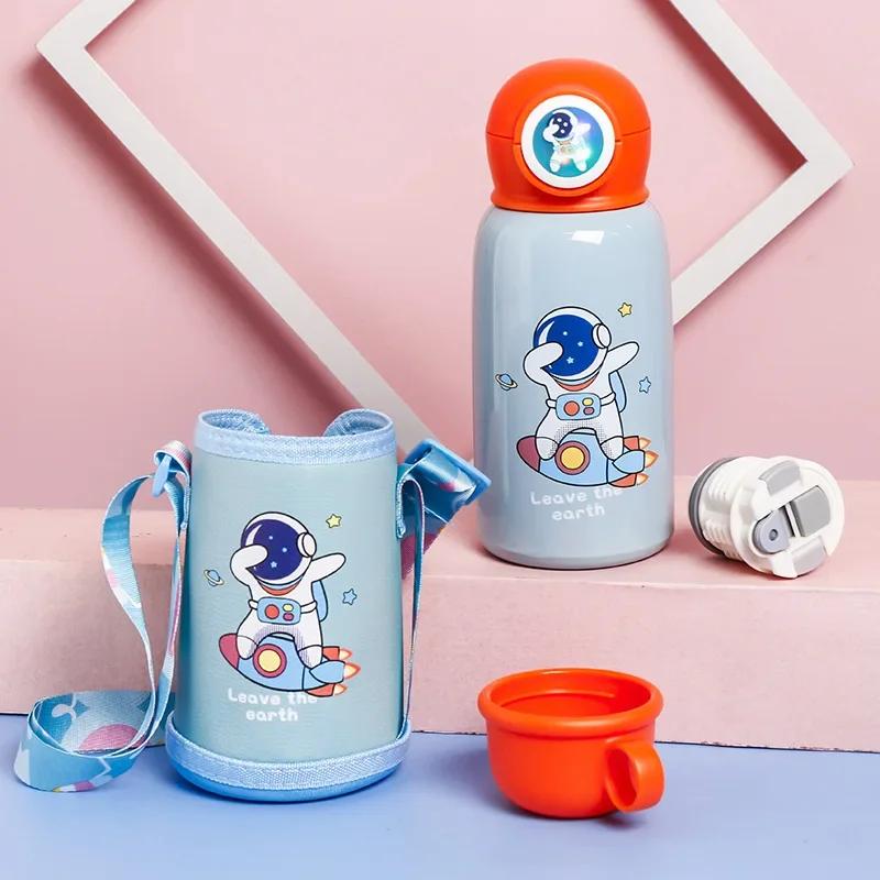 Cartoon Children's Straw Water Cup Strap Bouncing Cup Children's Vacuum Double-lid Double-layer Stainless Steel Vacuum Flask