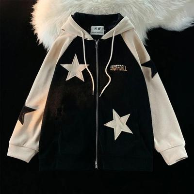 Sudadera con capucha y cremallera con diseño de parche de estrella retro estadounidense para mujer, nueva sudadera popular de calle con diseño de Joker, sudadera unisex con costuras, top informal holgado