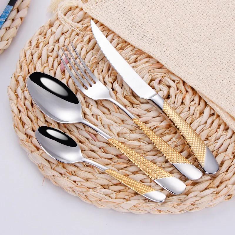 Set di posate dorate alla moda in acciaio inossidabile 18/10 Set di coltelli forchette posate Set di posate da servizio Posate Forchetta Drop Shipping