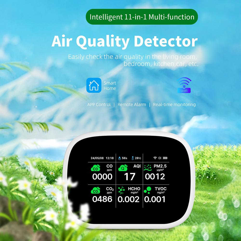 Portable WiFi 11in1 Air Quality Monitor Indoor Humidity Monitor AQI/CO/CO₂/TVOC/HCHO/PM2.5/PM1.0/PM10/Temperature/Humidity/Time Multifunctional Tester