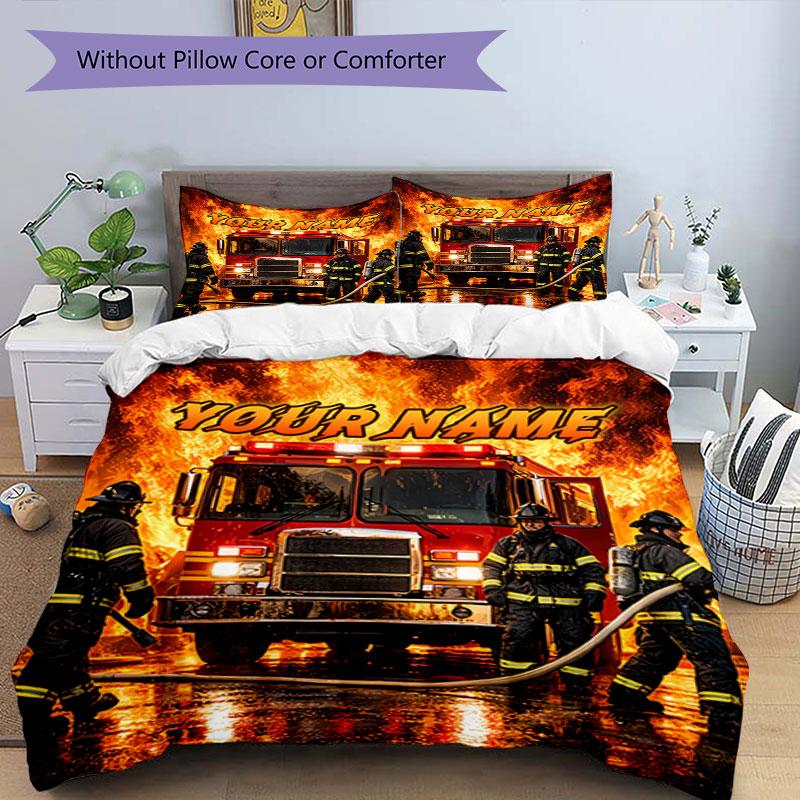 3PC Custom Name Firefighters Bravery Flames Bedding Set Duvet Cover Closure Includes 1 Duvet Cover & 2 Pillowcases for Bedroom