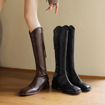 Autumn and Winter Square Head High Boots Rubber Sole Large Size Women's Boots Middle Heel Back Zipper Leather Boots Women's Solid Color Square Head F