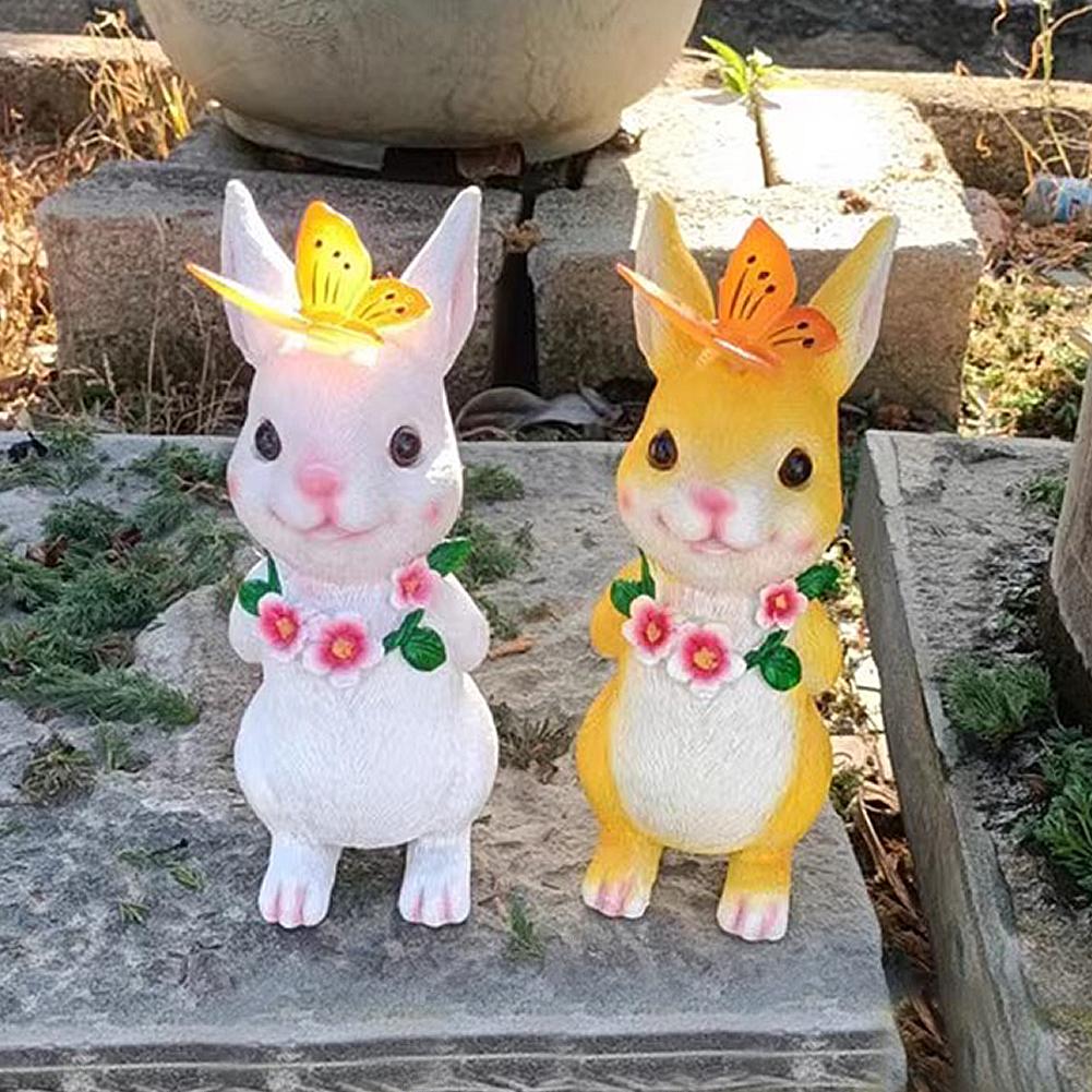 Solar Cute Rabbit Night Light Resin Rabbit Statue Night Lamp Creative Rabbit Butterfly Figurine Light Easter Outdoor Decoration