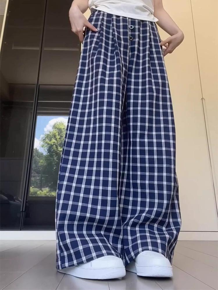 Women's Retro Plaid Wide-Leg High-Waisted Pants - Early Autumn Floor-Length Style