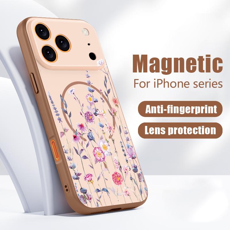 Cartoon Floral Pattern Case For iPhone 17 Pro Max Magnetic For Magsafe Hybrid Slim Matte Cover For iPhone 16 15 14 13 Pro Max Daisies Peach Blossom