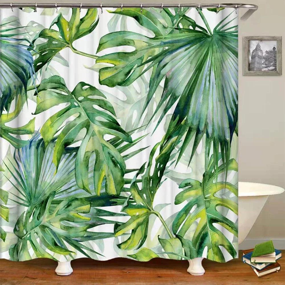 Tropical Plants Floral Shower Curtains Beige Green Palm Leaves Flowers Nordic Decor Bathroom Polyester Bath Curtain with Hooks