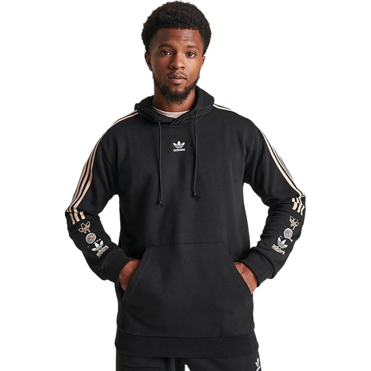 adidas Originals Logo Stripe Hooded Pullover Long Sleeve Sweatshirt Men Sweatshirt Black IS2579