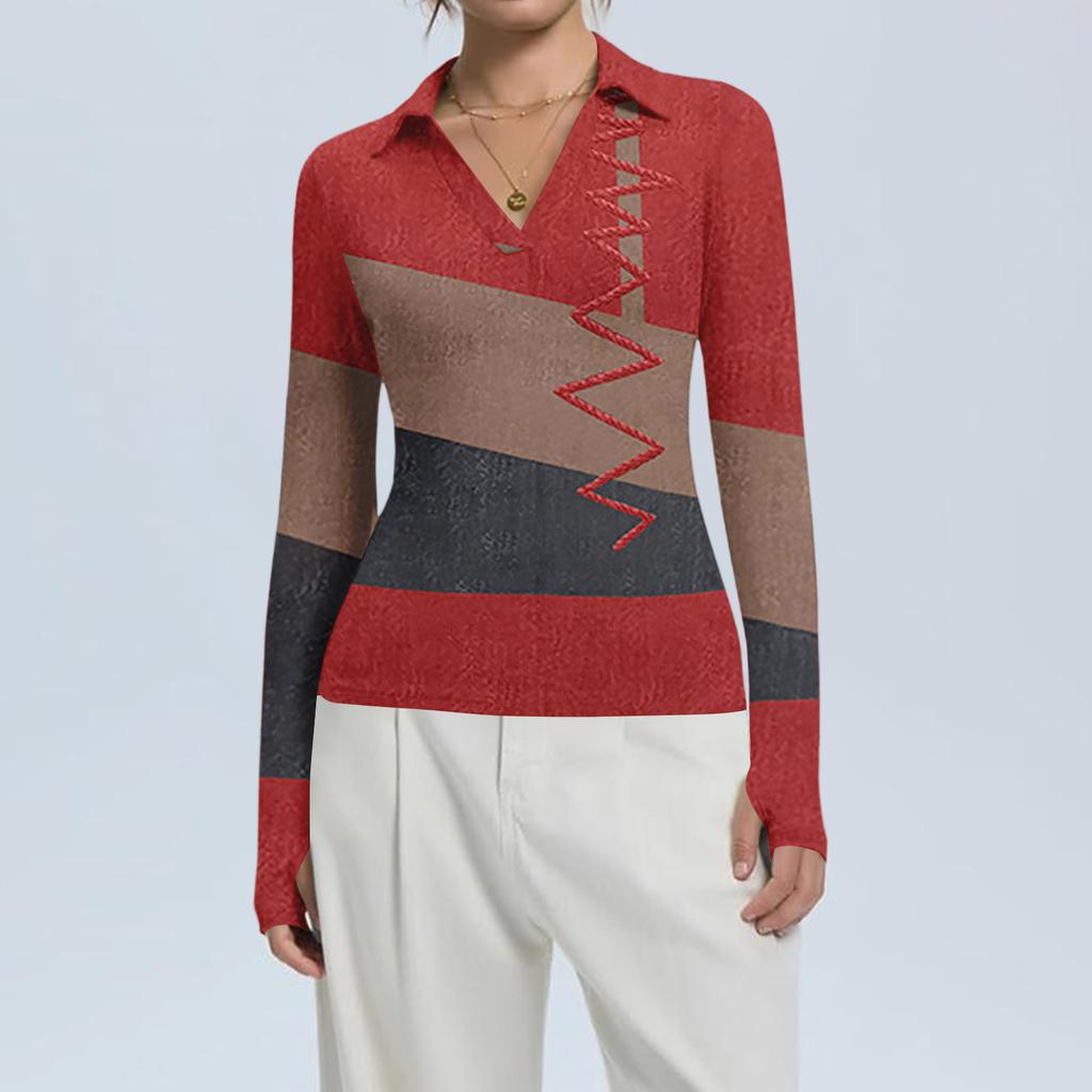 Women's Fashion Casual Print V-Neck Long Sleeve Button-Down Top