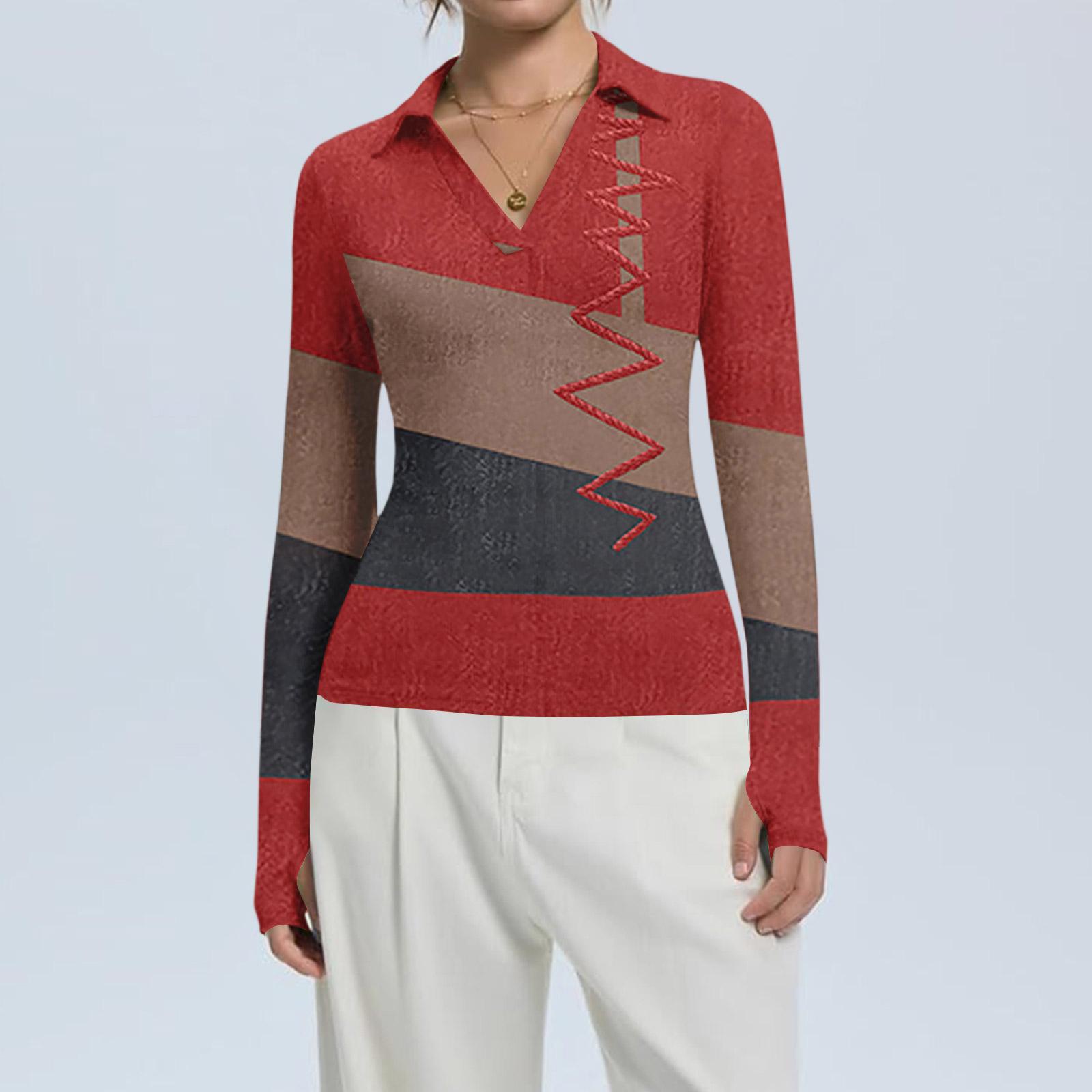 

Женская Мода Повседневный Принт V-образный Вырез Длинный Рукав Застежка на Пуговицы Топ L красный