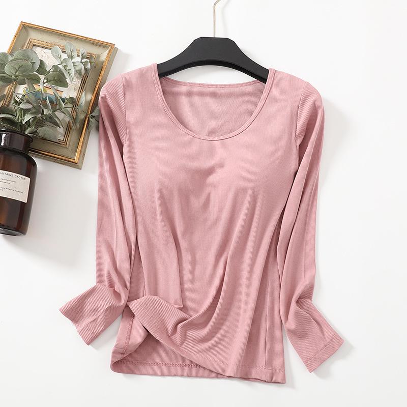 Versatile Autumn Modal Base Layer Shirt with Chest Pads, Slimming Long-Sleeve Round Neck, Wear Alone or as Inner Layer.