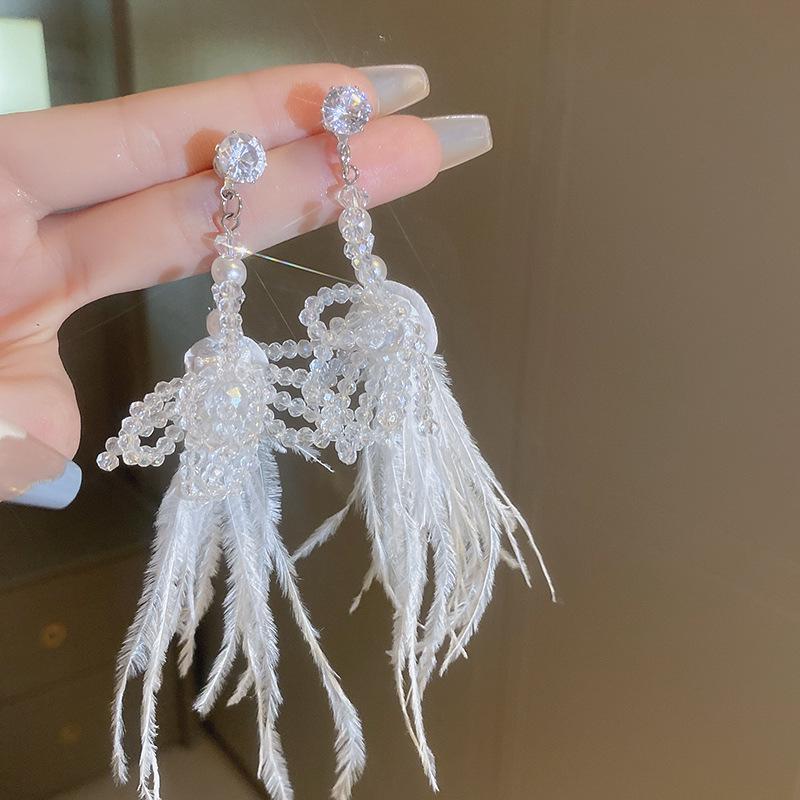 Orecchini a Frange di Piume con Diamanti Colorati Lusso Leggero Borchie di Alta Gamma Orecchini di Nicchia Retrò Autunno e Inverno Donna