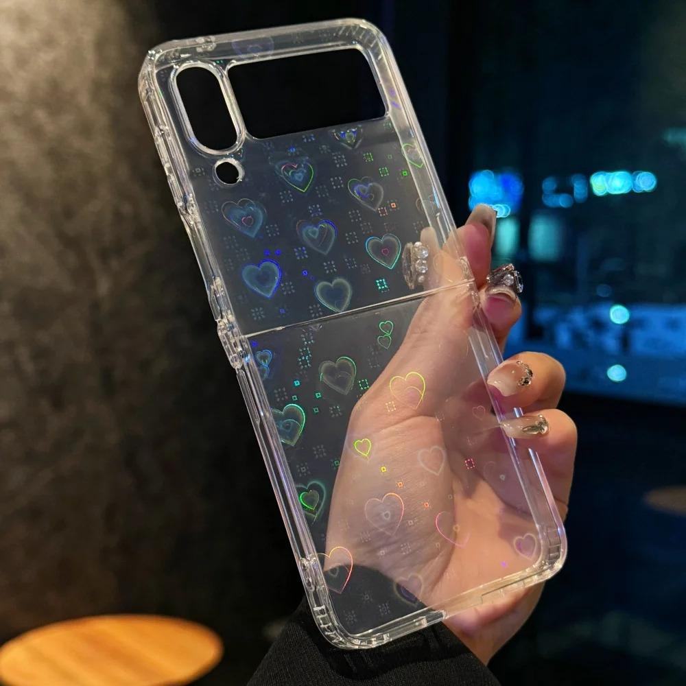 Laser Heart Transparent Cover Funda For Samsung Galaxy Z Flip7 6 Luxury Aurora Case For Samsung Z Flip 5 Zflip4 3 Soft TPU Cases