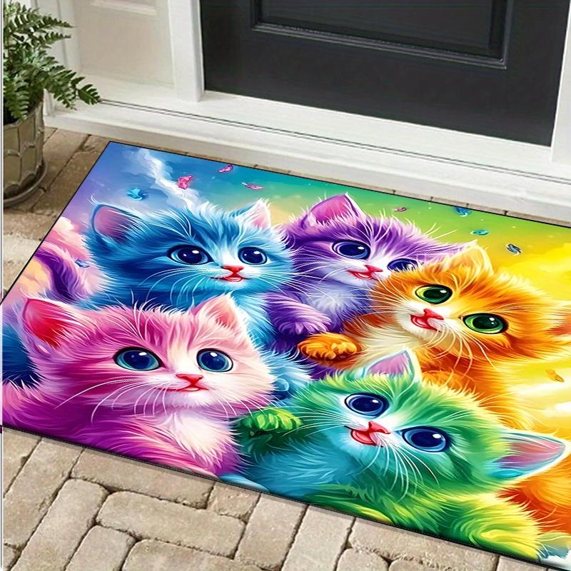 Colorful Kitten Rug for Kids' Playroom  Whimsical Cat Patterned Carpet  Fun and Bright Nursery Floor Decor Skid Resistant Carpet