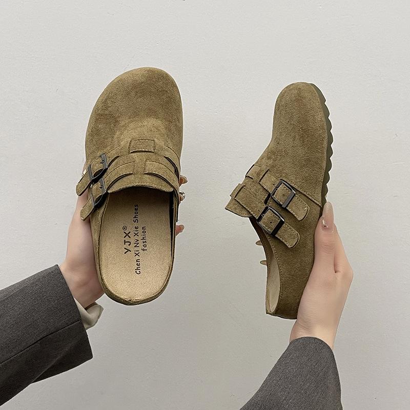 

Женские туфли из матовой кожи весна-лето 2025 года с сумкой на голову, на плоской подошве, из коровьего антибархата, желто-коричневые резиновые тапочки с сумкой на голову 35