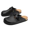 Clogs Slippers Black Leather Mules Men's Adjustable Slide-On Shoes with Thick Cork Sole Casual Slippers for Summer Potato Arch