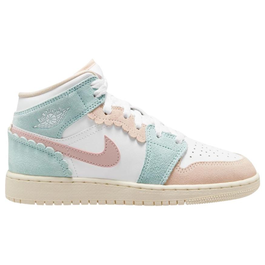 Buty sportowe Air Jordan 1 Mid SE GS z falowanym brzegiem dla dzieci zielono-biało-różowe Oxford DZ5361-100