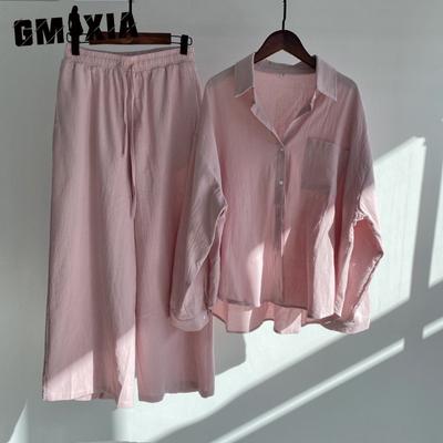 Set camicia da donna 2 pezzi vintage taglie forti in cotone e lino, pantaloni ampi a vita alta