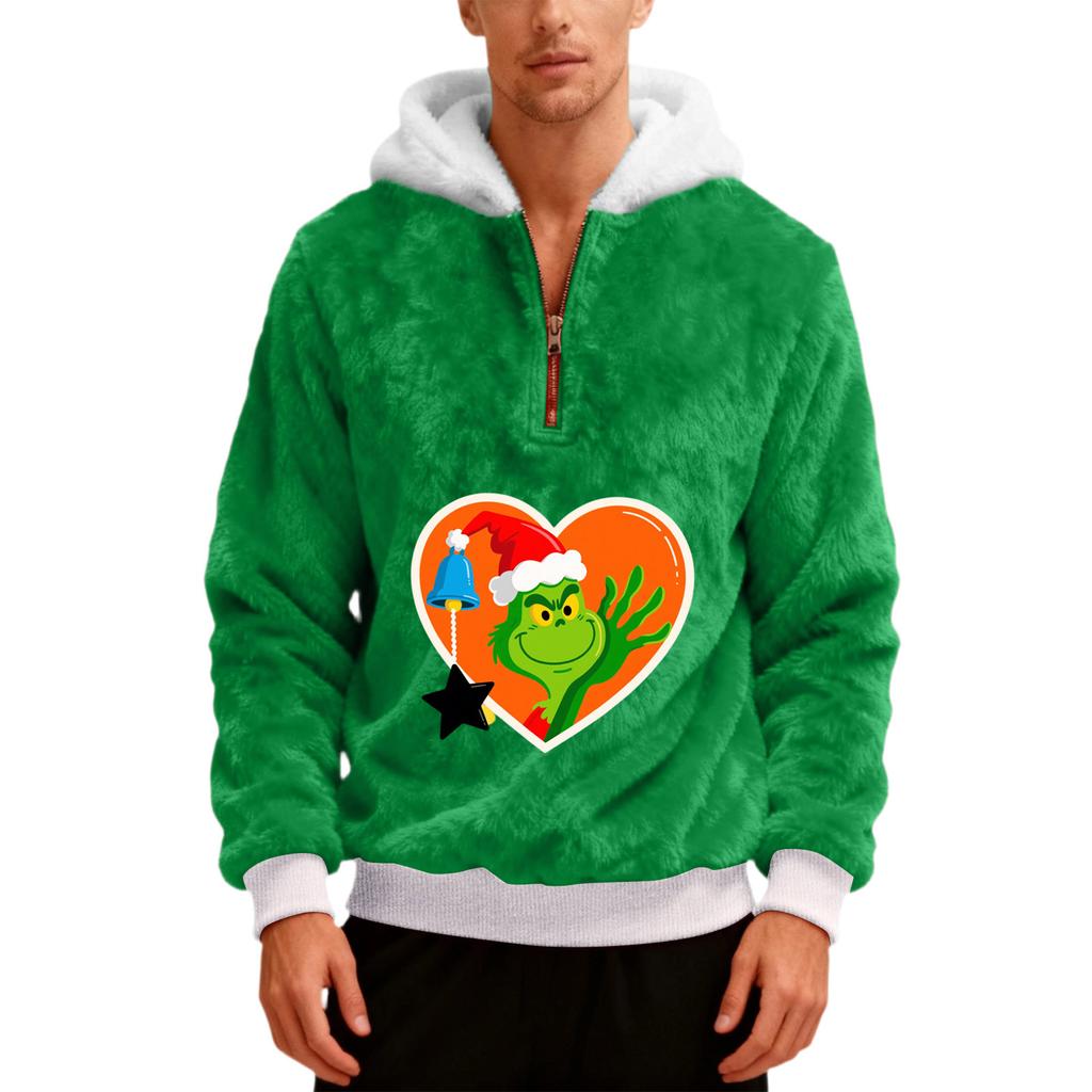 Pánská plyšová mikina s kapucí a polovičním zipem