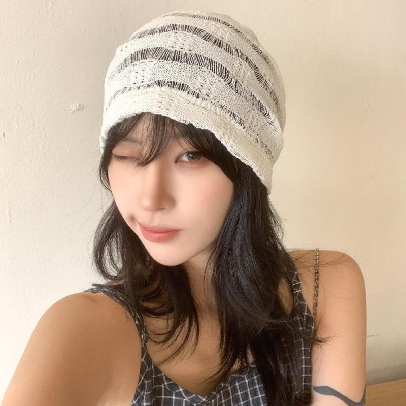Women s Striped Mesh Beanie Kitsch Mood See-Through beige