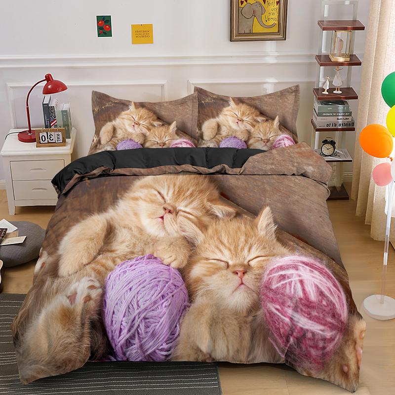 Set de lenjerie de pat super drăguț cu pisoi pentru copii Kawaii Girl Husă de plapumă King Queen Size Pisică Animal 2/3 piese Poliester (Fără foaie)