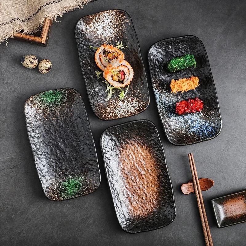 Plat de service rectangulaire en céramique japonaise créative Ruhan