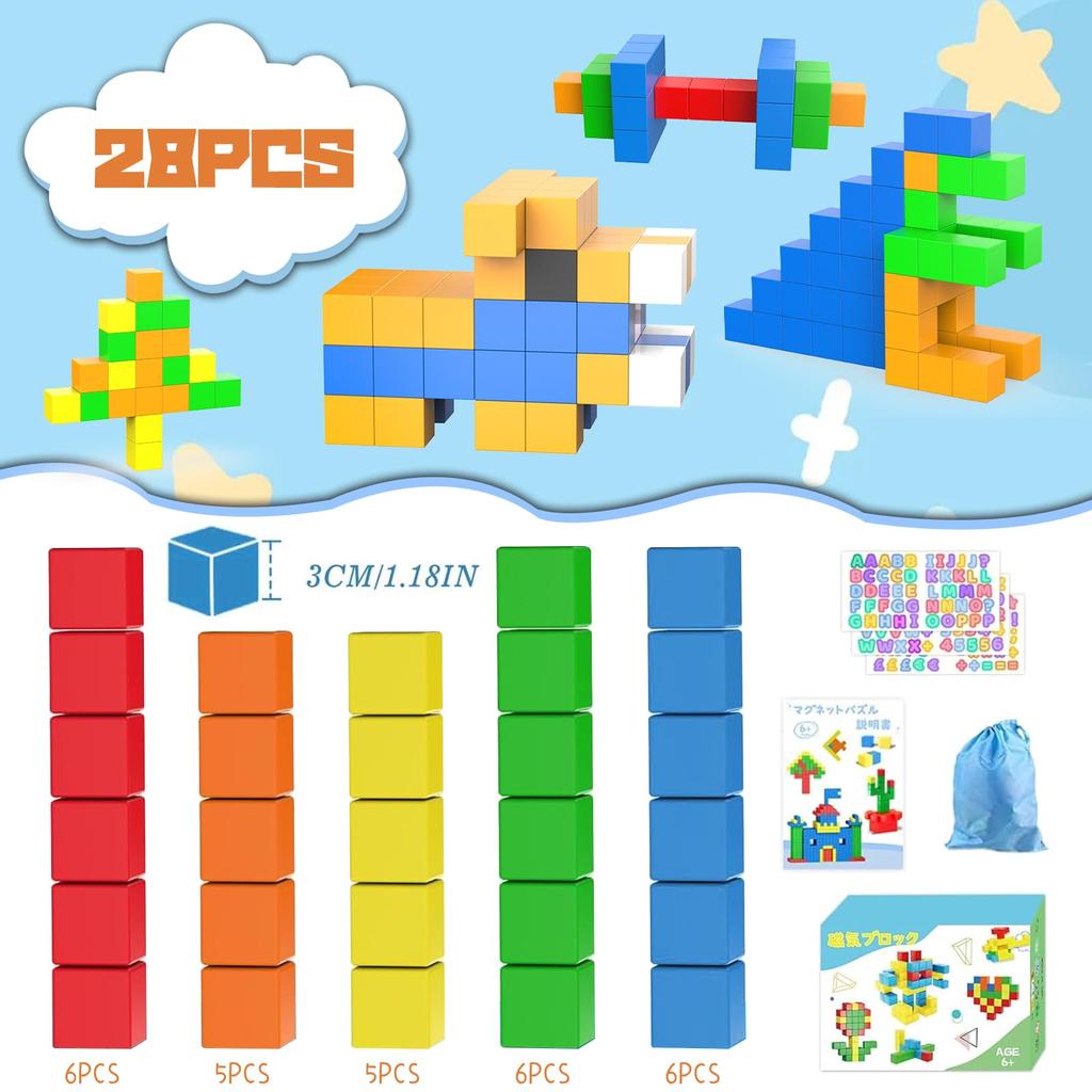 VIXA Magnetische 28 Pädagogische 3D-Bausteine für Kinder ab 6 Jahren und Bunt Fördert die Fantasie und Geburtstagsgeschenk für Jungen und Enthält Aufbewahrungstasche und