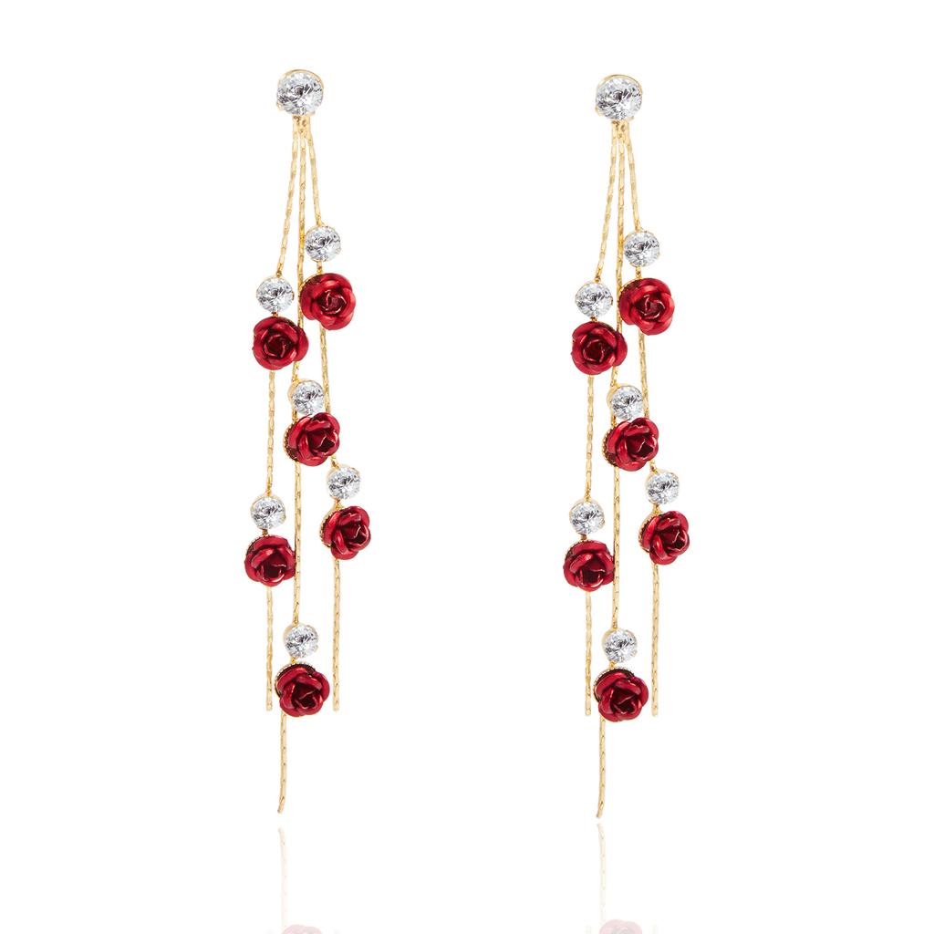 Retro Classic Wine Red Flowers Tassel Earrings For Women Temperament Long Pendant Ear Nail Korean Style Jewelry