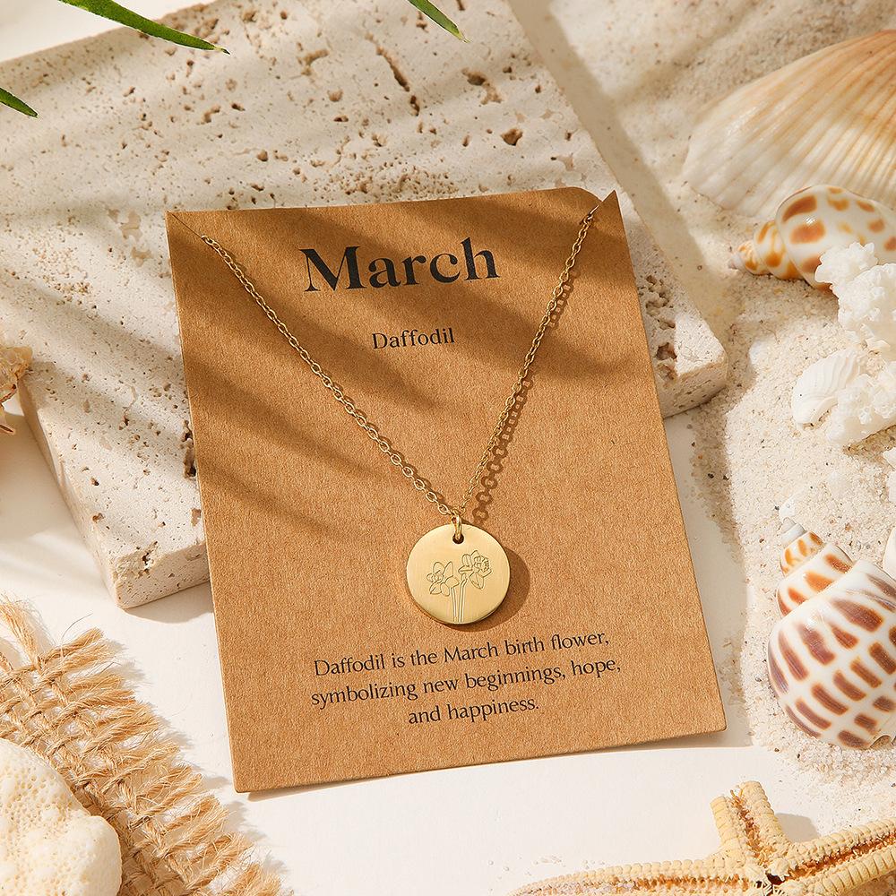 December Floral Pendant Necklace Exquisite Engraved Golden Circular Coins In Minimalist Layered Chain Jewelry Gift for Women