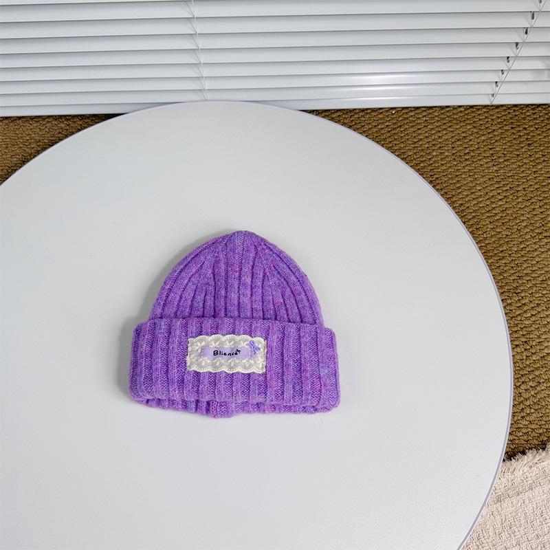 Children's Knitted Hat Lace Cloth Label English Embroidery Wool Beanie Autumn and Winter Warm Thickened Baby Ear Protection Hat