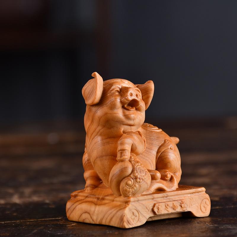 Wooden Carving Fortune Pig Small Animal Models Cute Home Room Office Sculptures and Figurines Wealth Luck Feng Shui Decor