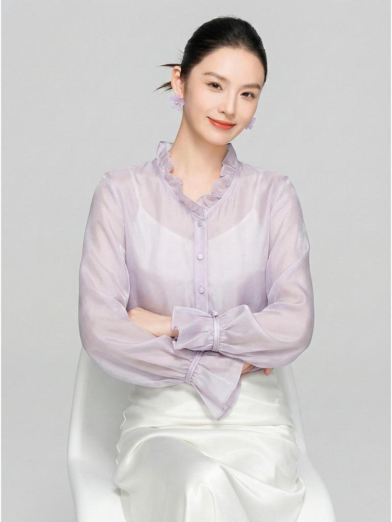Zhi Hetang Retro Silk V-Neck Ruffled Long-Sleeve Blouse