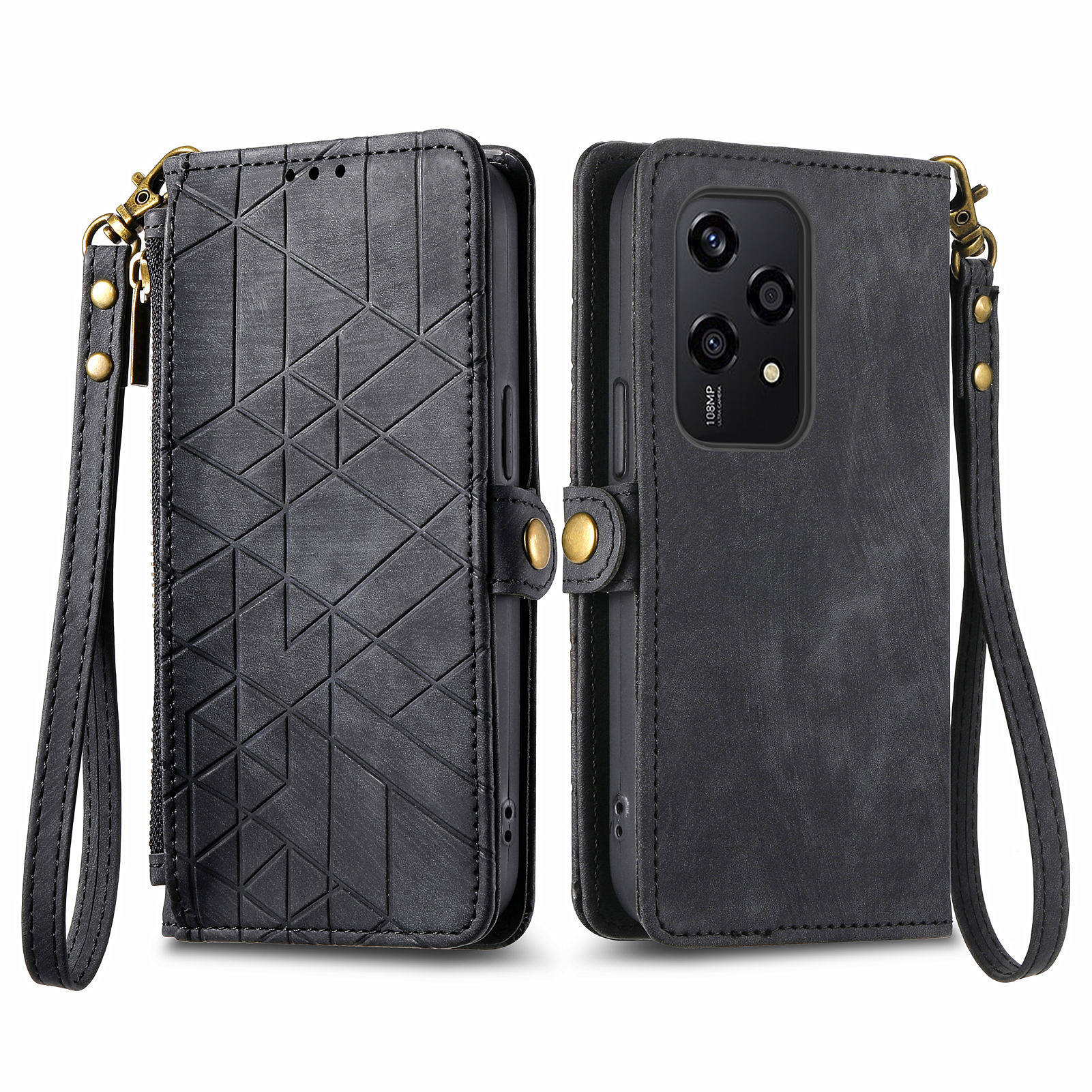 

For Honor 200 Lite Phone Case Geometry Imprint Leather Zipper Wallet Stand Cover Black