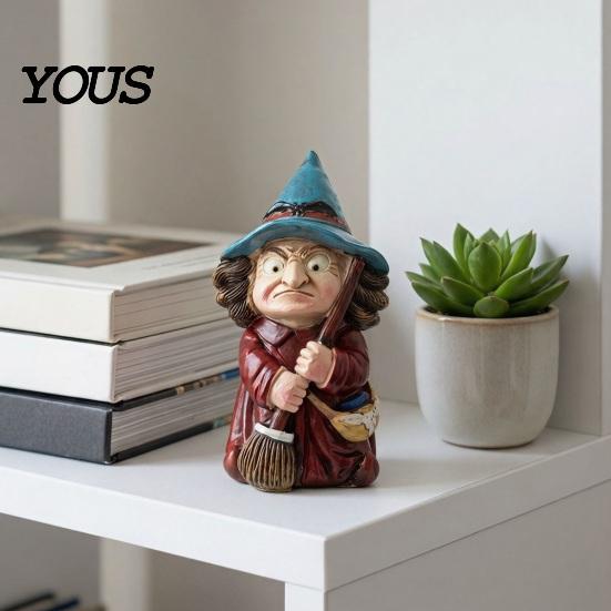 Halloween Party Decoration Witch on Broomstick Resin Figurine, Gnome Statue with Wizard Hat, For Shelf Vintage Spooky Decor for Desk Table,