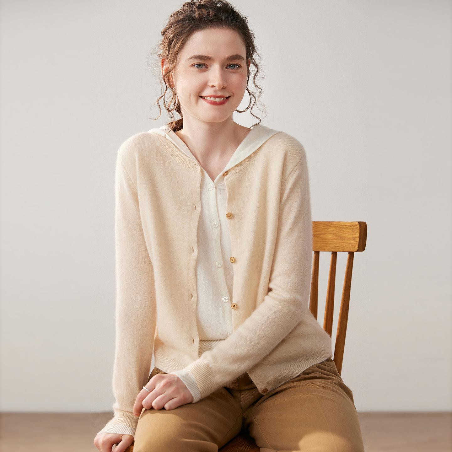 

Women s 2025 Autumn Hooded Color Block Knit Cardigan Set L