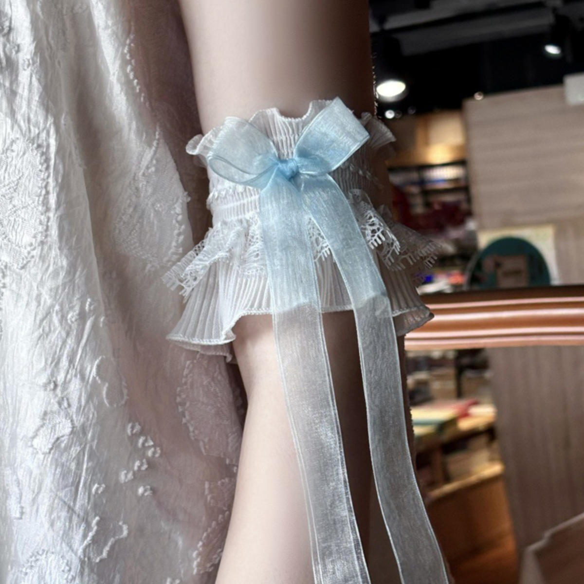 

Bowknot Arm Sleeve Elastic Hand Sleeve Arm Cuffs Oversleeves Ruffled Floral Layered Lace Wrist Cuffs Wedding Party Decor one size синий