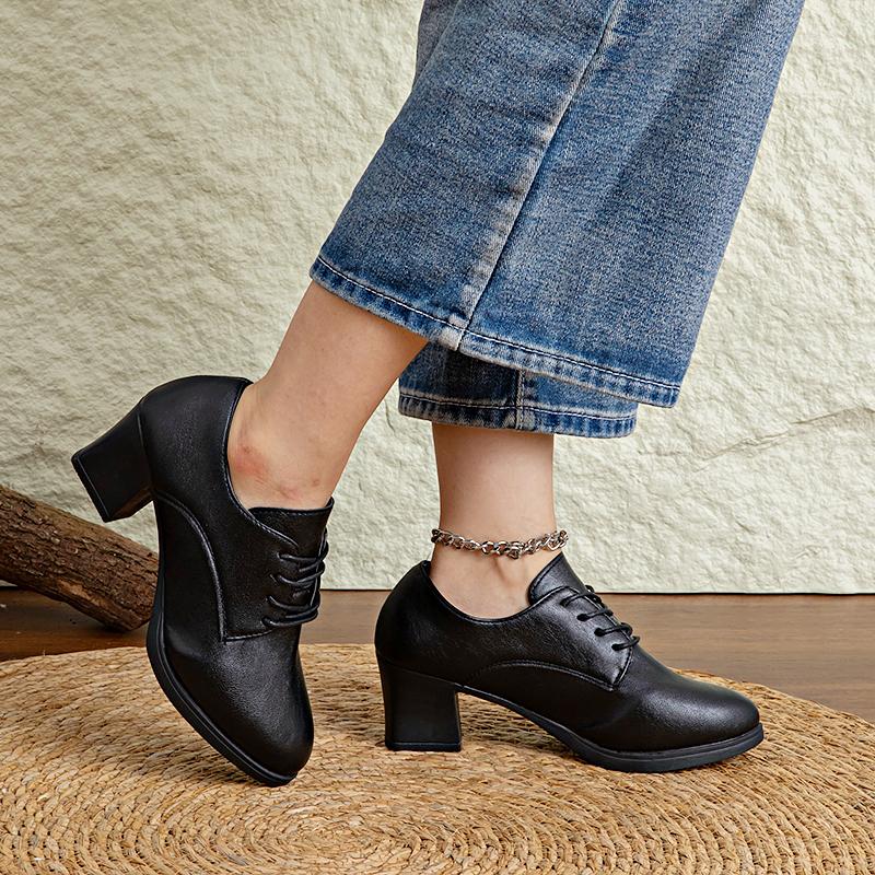 New Women'S Deep-Mouth Slip-Ons, Summer Soft Leather, Lace-Up Chunky Heel Casual Commuting Shoes